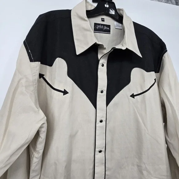 Vintage Y2K White Horse Western Pearl Snap Shirt Men's XXL Black Cream Rodeo - Picture 2 of 11